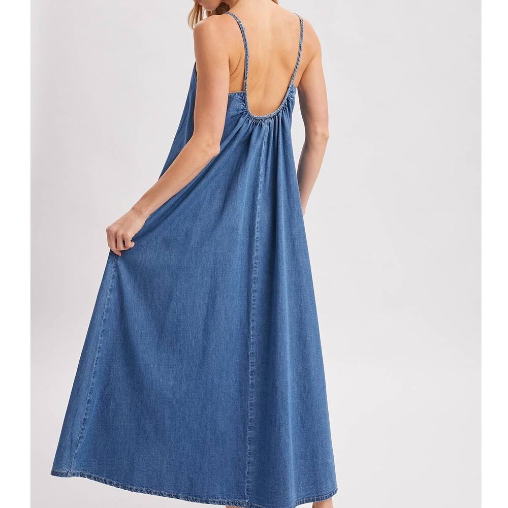 Denim Chambray Open Back Maxi Dress - Sleeveless Tent Dress with Pockets - Picture 2 of 10